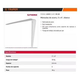 MENSULA ACERO 5 PLG X 6 PLG BLANCO ---FIERO / 44003 DCS FEHC44003